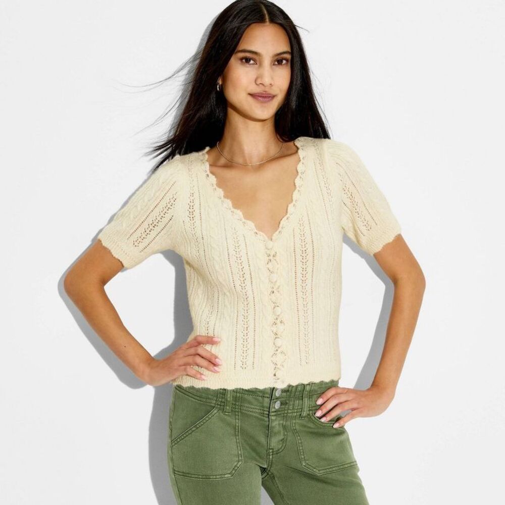 Women's Crewneck Pointelle Cardigan Sweater - Wild Fable Off-White XL
